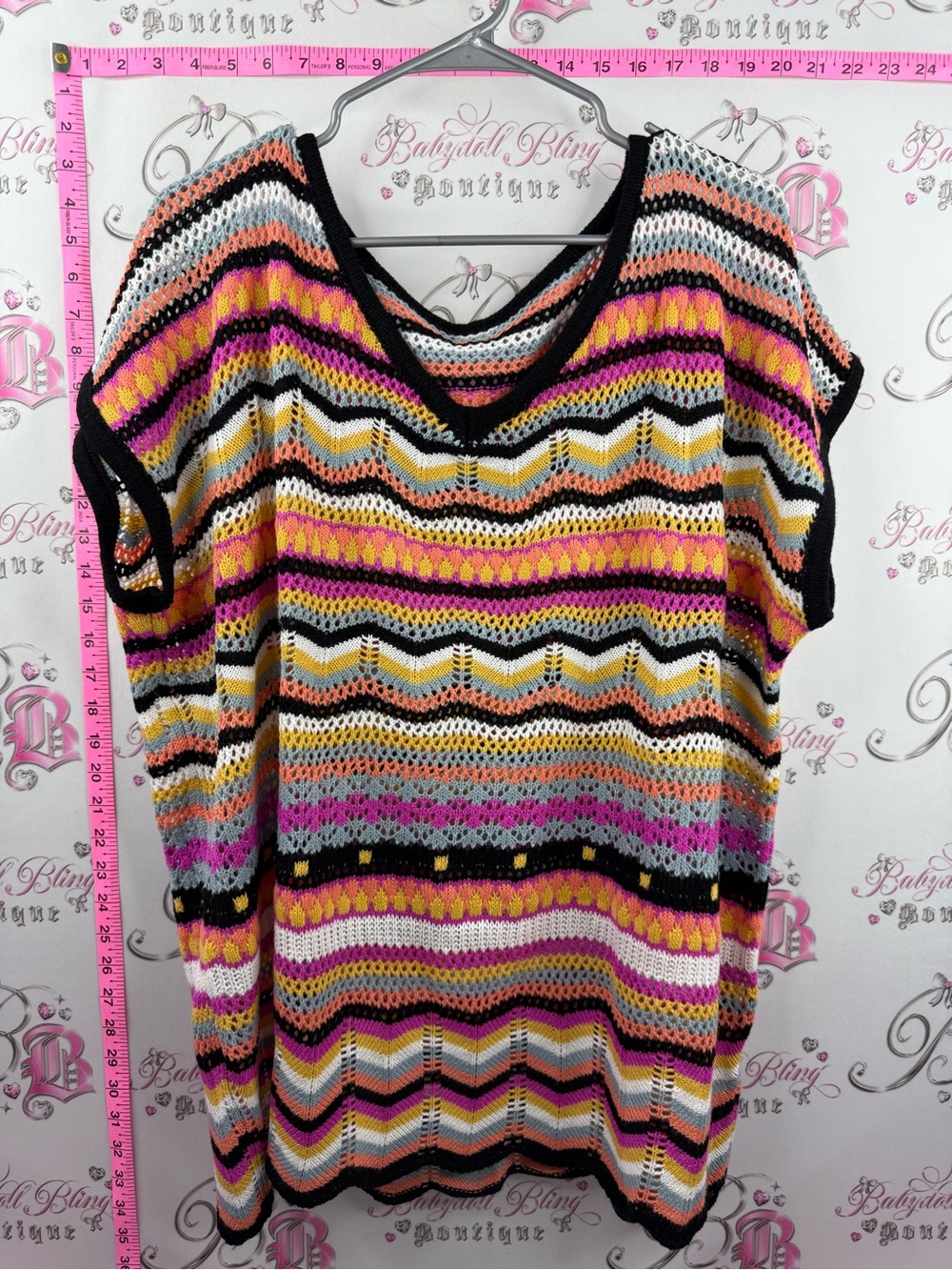 Knit top crochet neon Striped Open-Knit V-Neck Top in Pink, Yellow & Black